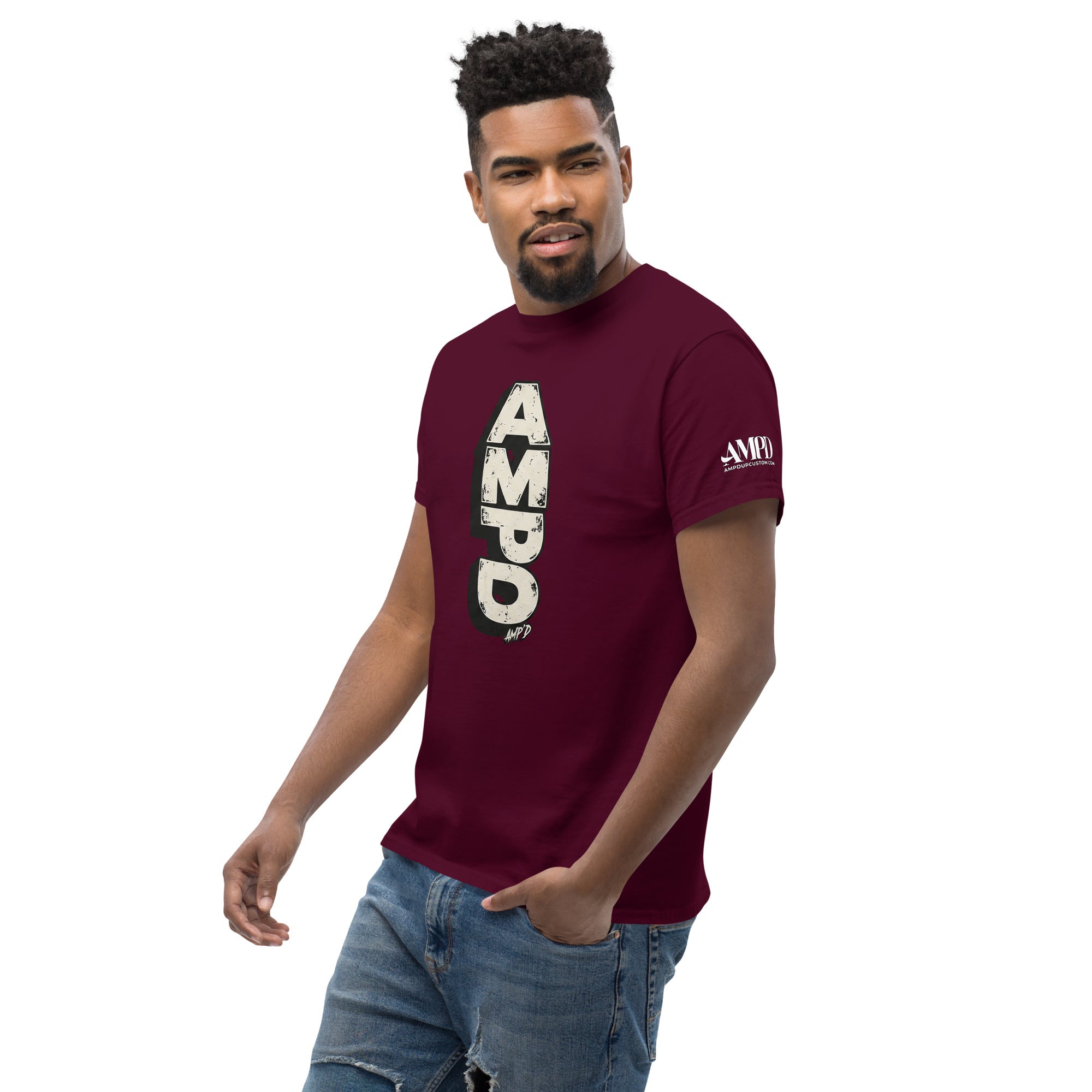 Stacked AMPD Logo T-Shirt in Burgundy featuring bold graphics for stylish casual wear