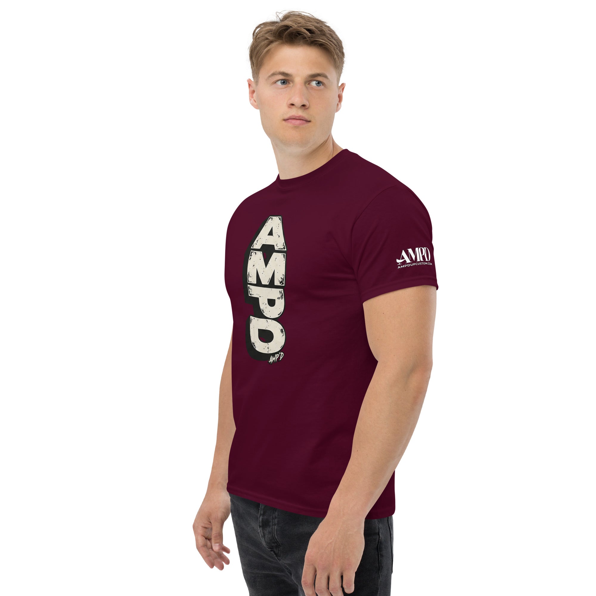 Maroon Stacked AMPD Logo T-Shirt by Amp'd Up Custom for stylish casual wear