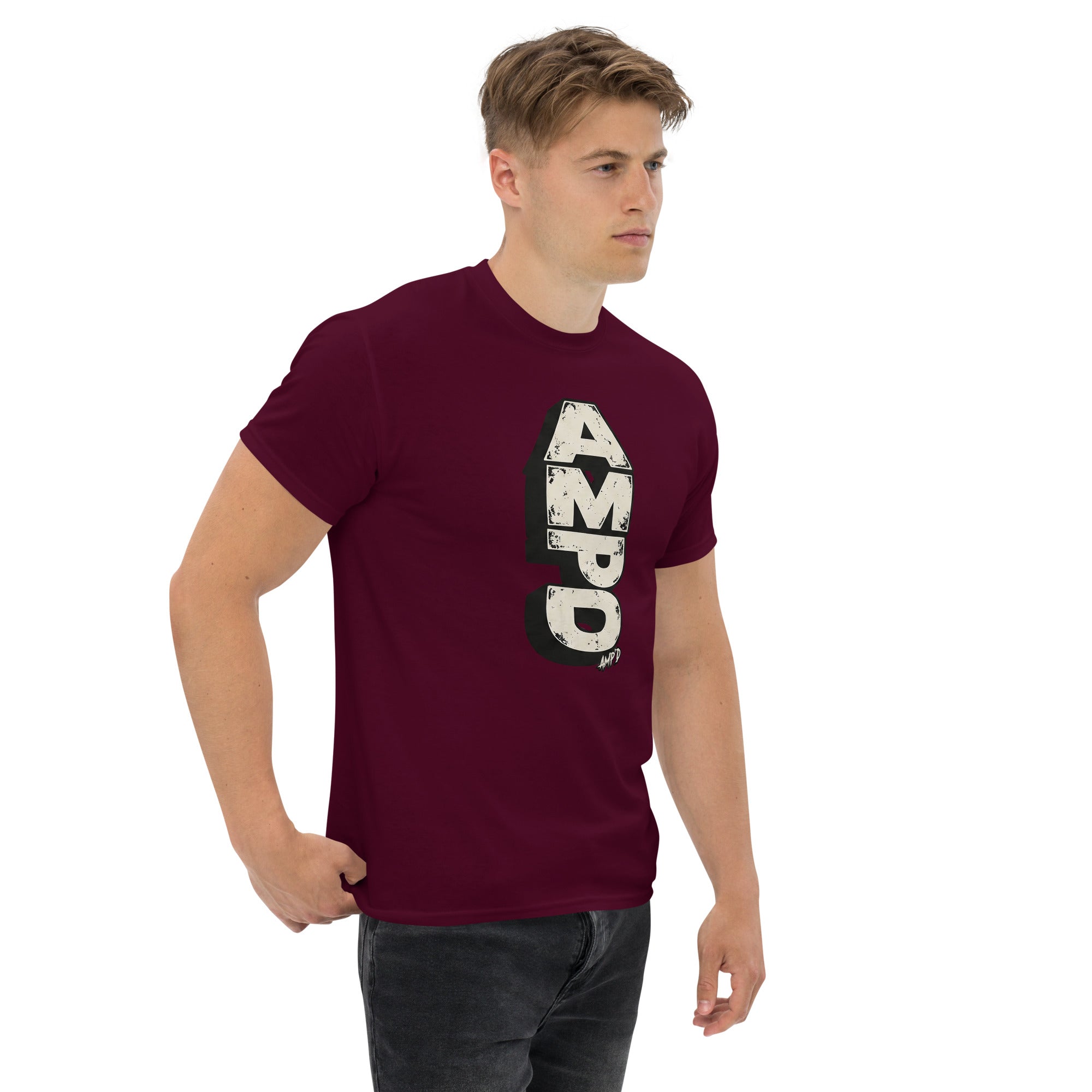 Stacked AMPD Logo T-Shirt in burgundy featuring a stylish graphic design for casual wear
