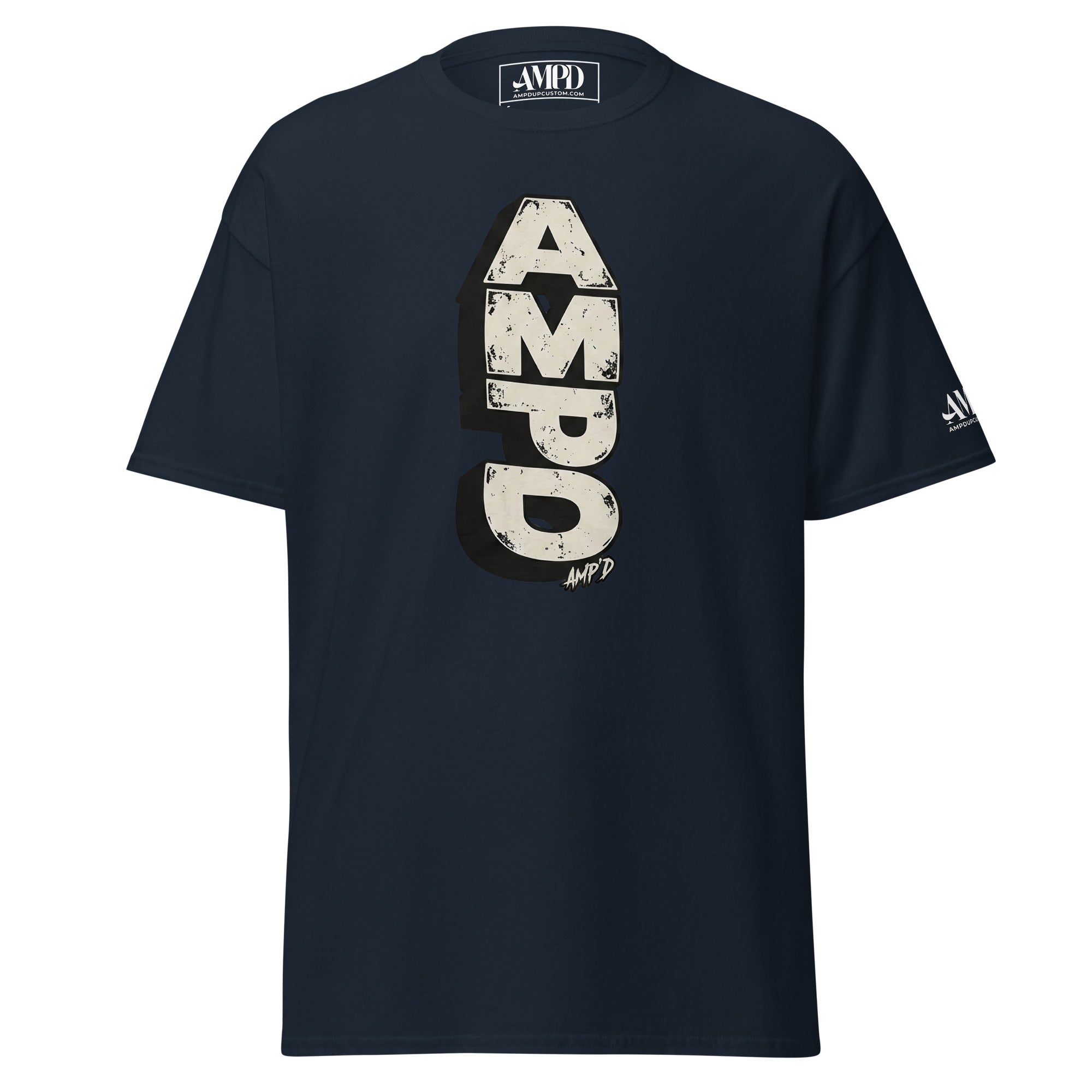 Stacked AMPD Logo T-Shirt in navy blue with bold graphic print for stylish comfort