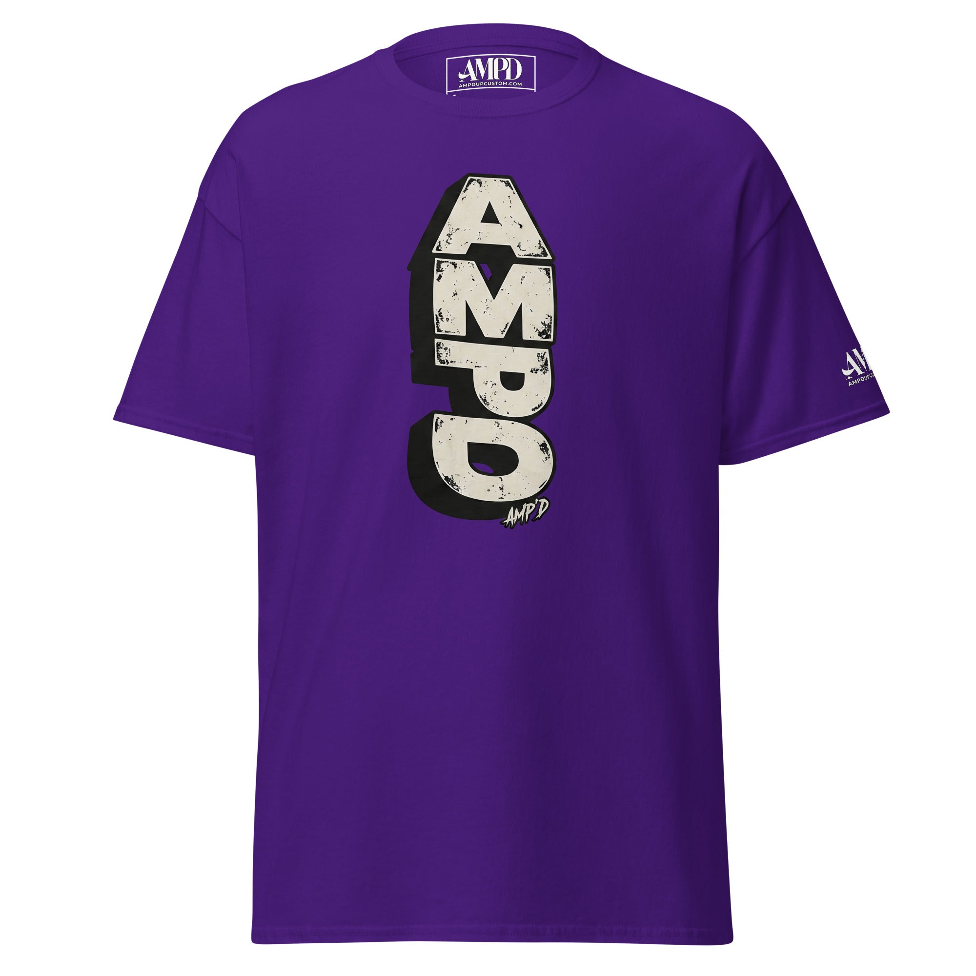 Purple Stacked AMPD Logo T-Shirt from Amp'd Up Custom featuring a bold logo design