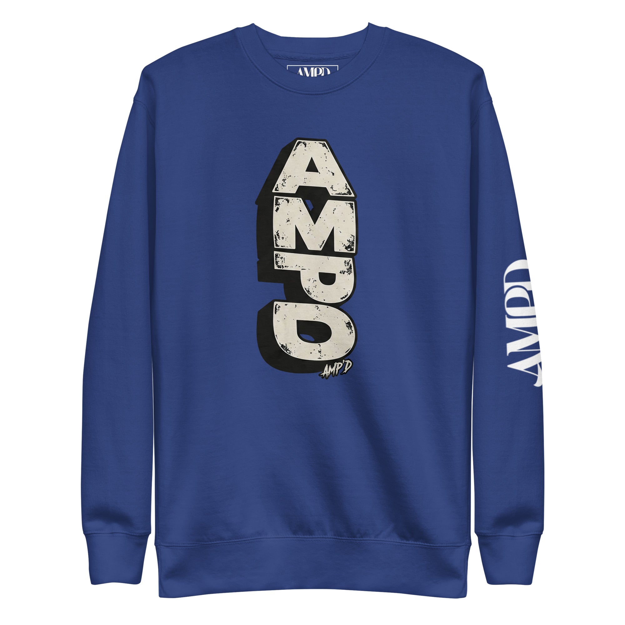 Stacked AMPD Logo Sweatshirt in blue with bold logo design for a stylish look
