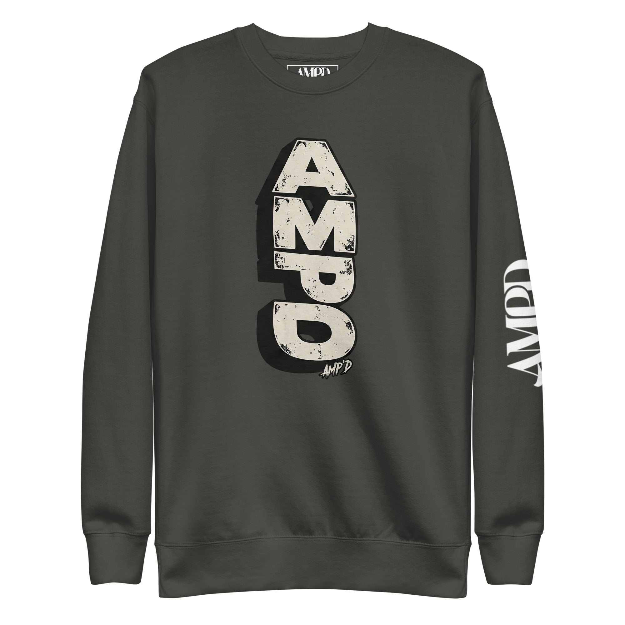 Stacked AMPD Logo Sweatshirt in dark gray featuring bold AMPD graphic design