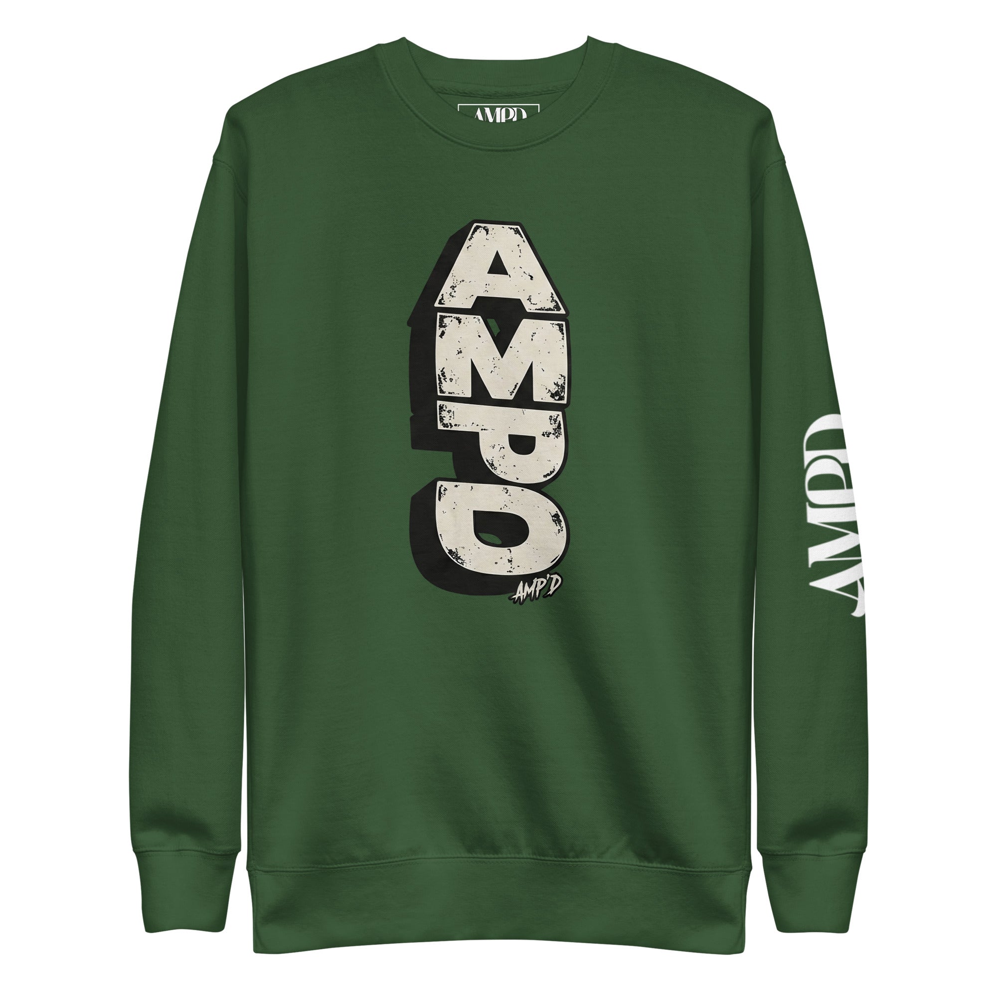 Stacked AMPD Logo Sweatshirt in green featuring bold logo print on the front and sleeve