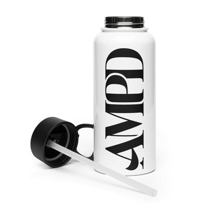 AMPD Stainless steel water bottle with a straw lid in sleek white design for hydration on the go