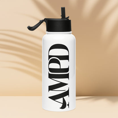 AMPD Stainless steel water bottle with a straw lid in white with a bold black logo