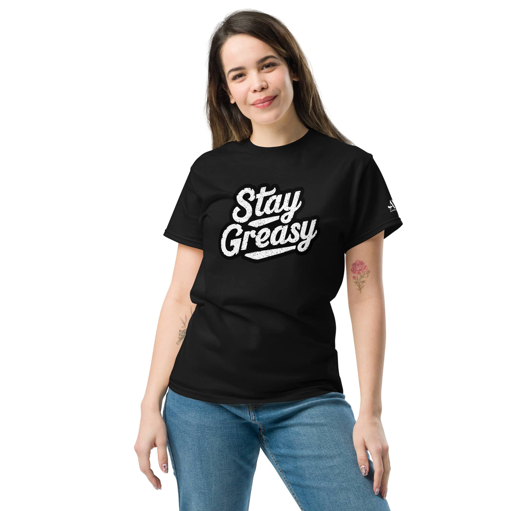 Amp'd Up Custom Stay Greasy Shop Life T-Shirt in black featuring bold graphic design