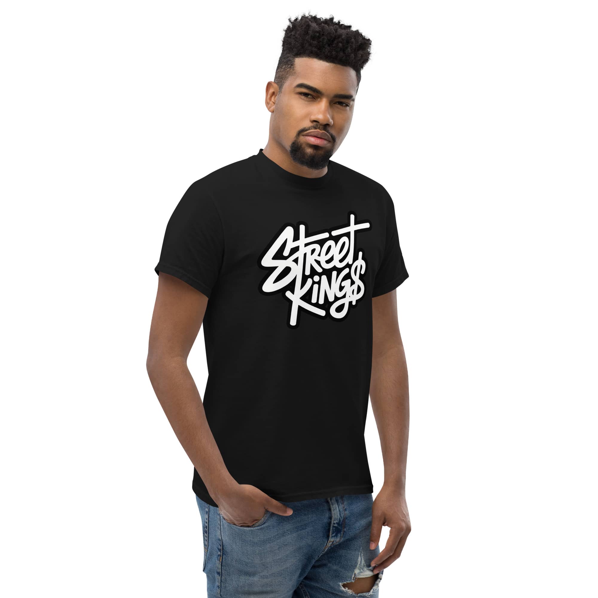 Street Kings T-Shirt | AMPD in black featuring bold white graphic design on a model