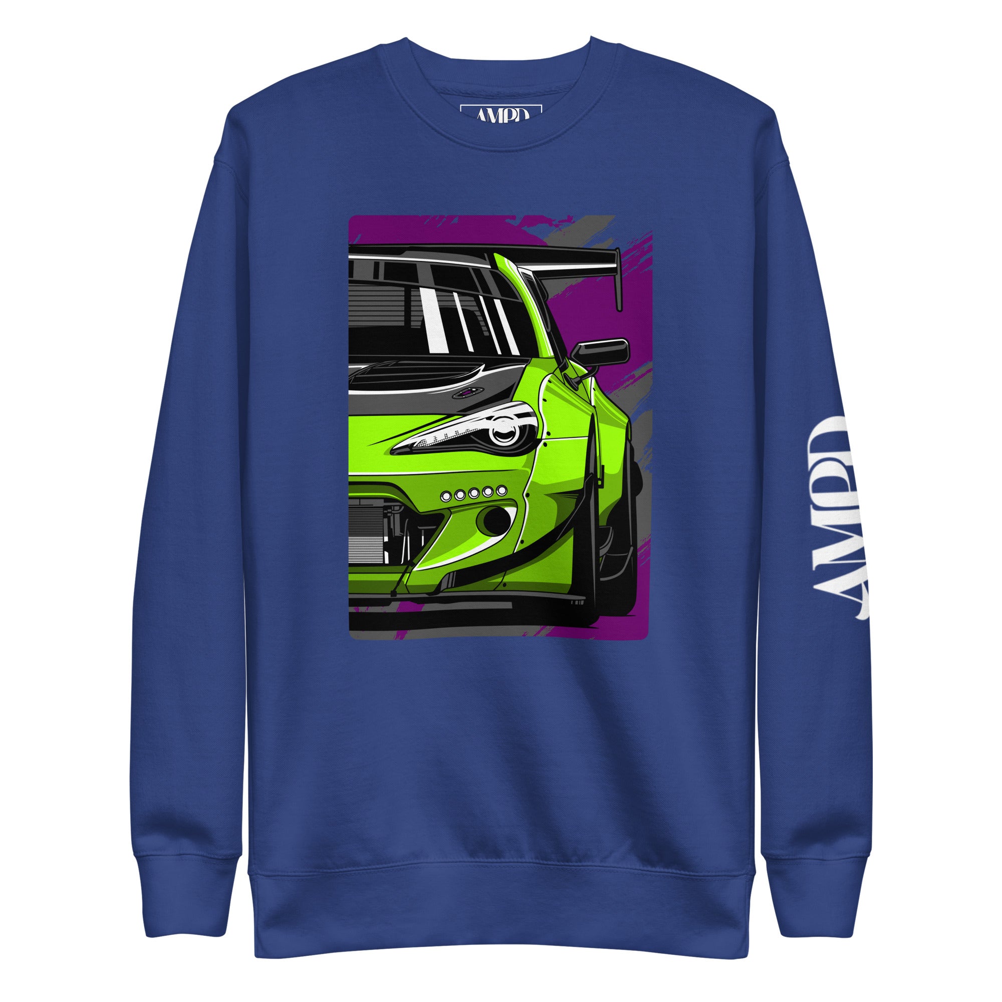 Amp'd Up Custom Subaru BRZ Graphic Sweatshirt in Blue featuring a vibrant green car design