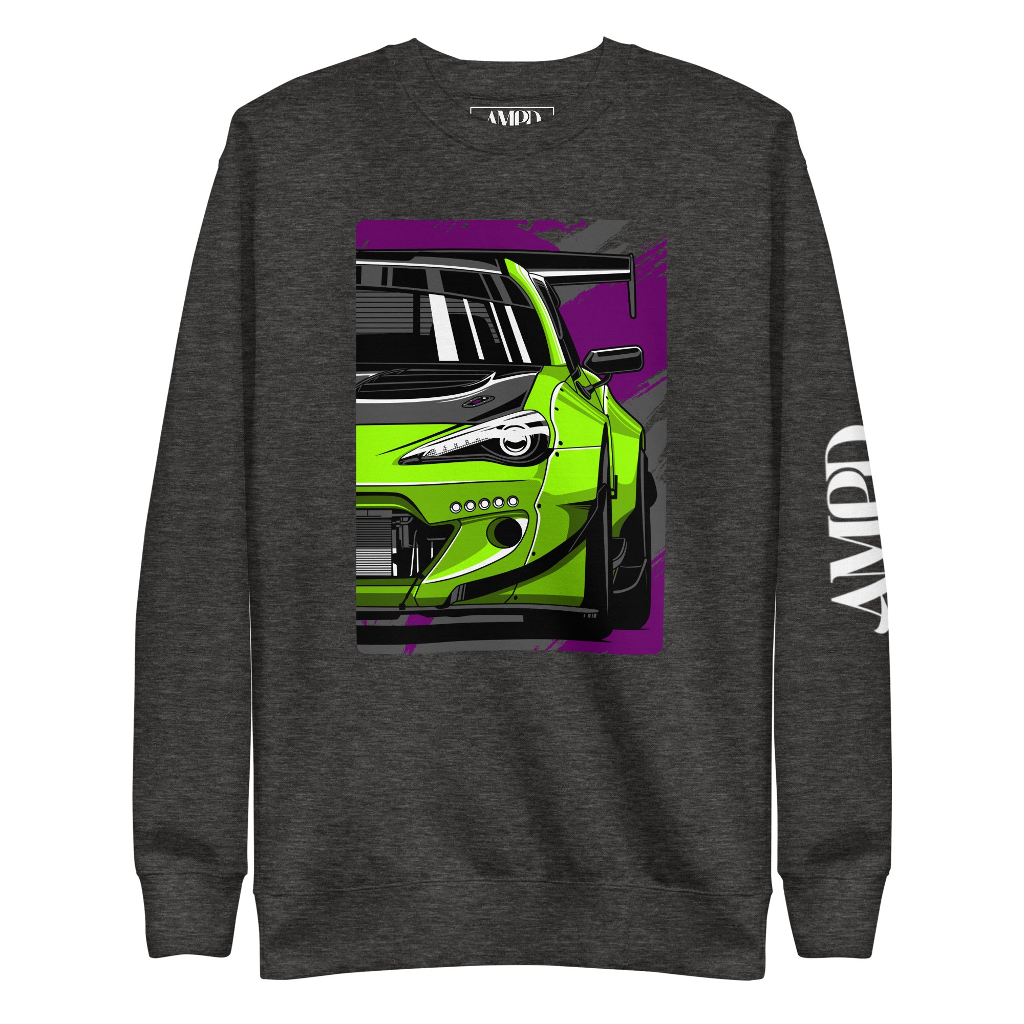 Subaru BRZ Graphic Sweatshirt | AMPD featuring a vibrant green car design on a charcoal background