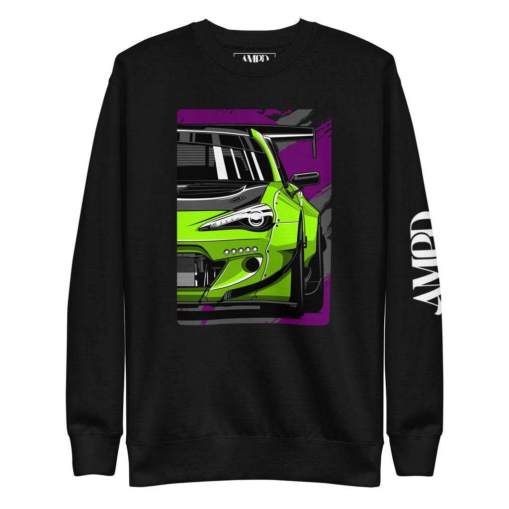 Subaru BRZ Graphic Sweatshirt | AMPD featuring vibrant green car design on a black background