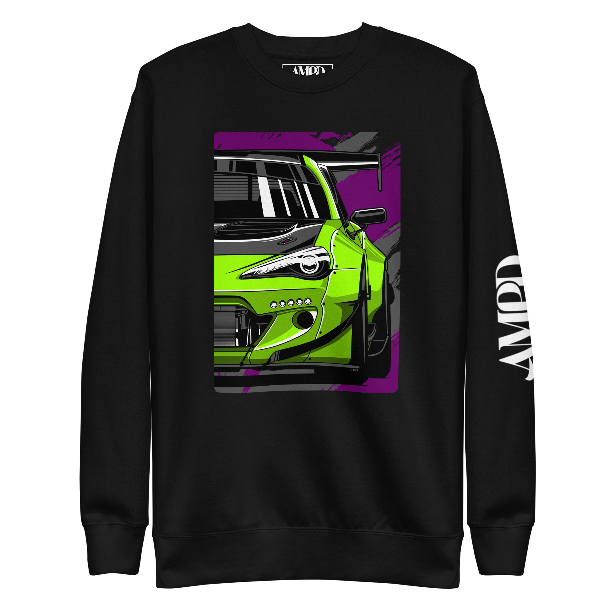 Subaru BRZ Graphic Sweatshirt | AMPD featuring vibrant green car design on a black background