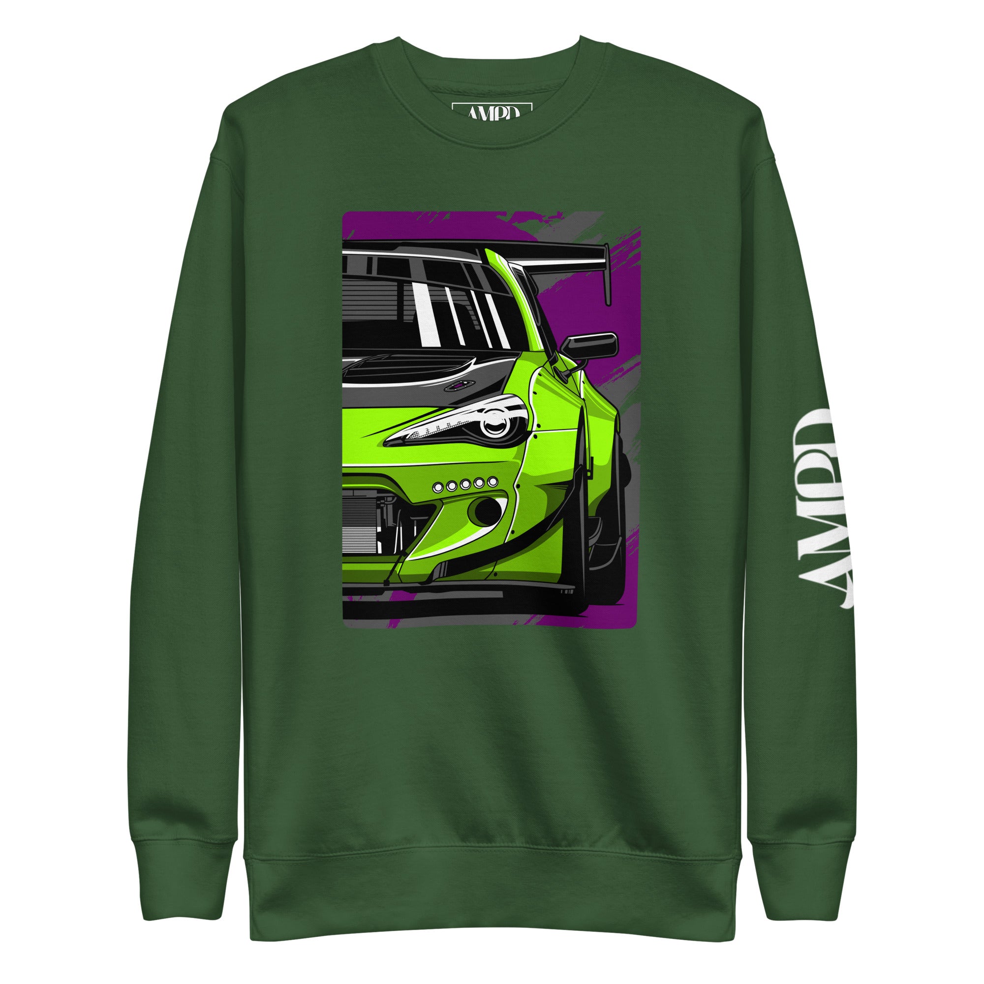 Subaru BRZ Graphic Sweatshirt | AMPD featuring a vibrant green car design on a cozy green fabric