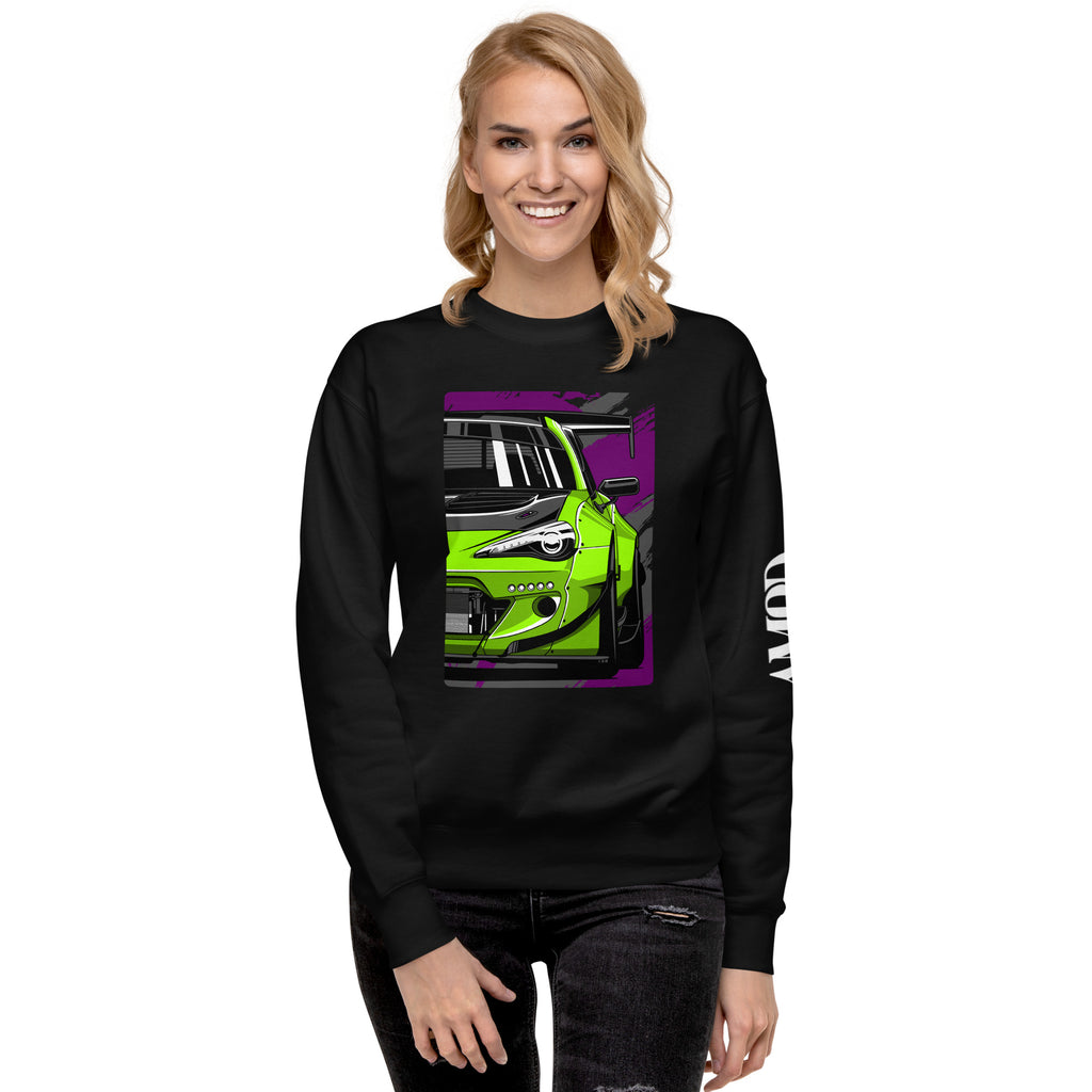 Subaru BRZ Graphic Sweatshirt | AMPD featuring a vibrant green car design on a black background