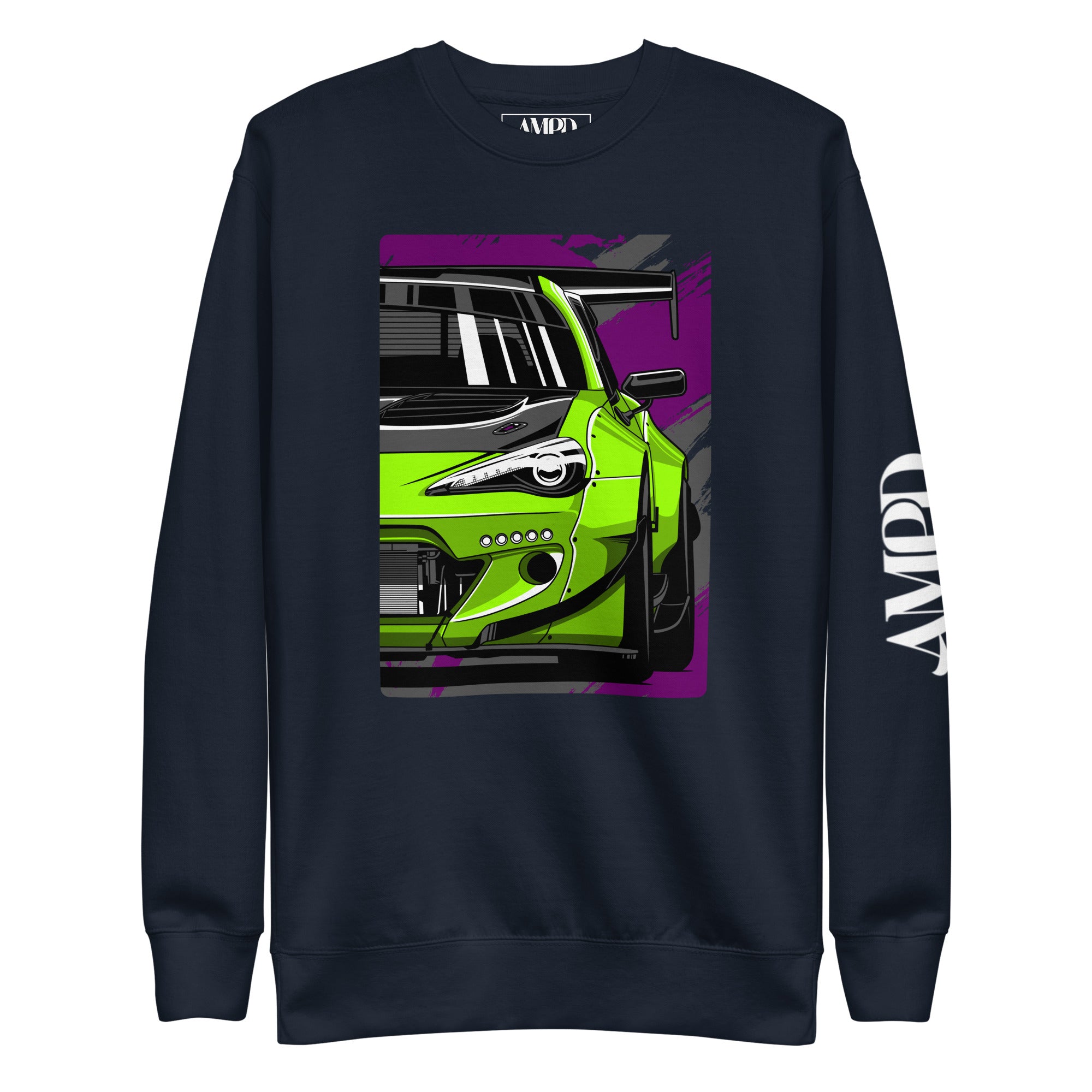 Subaru BRZ Graphic Sweatshirt | AMPD featuring a vibrant green car design on a navy background