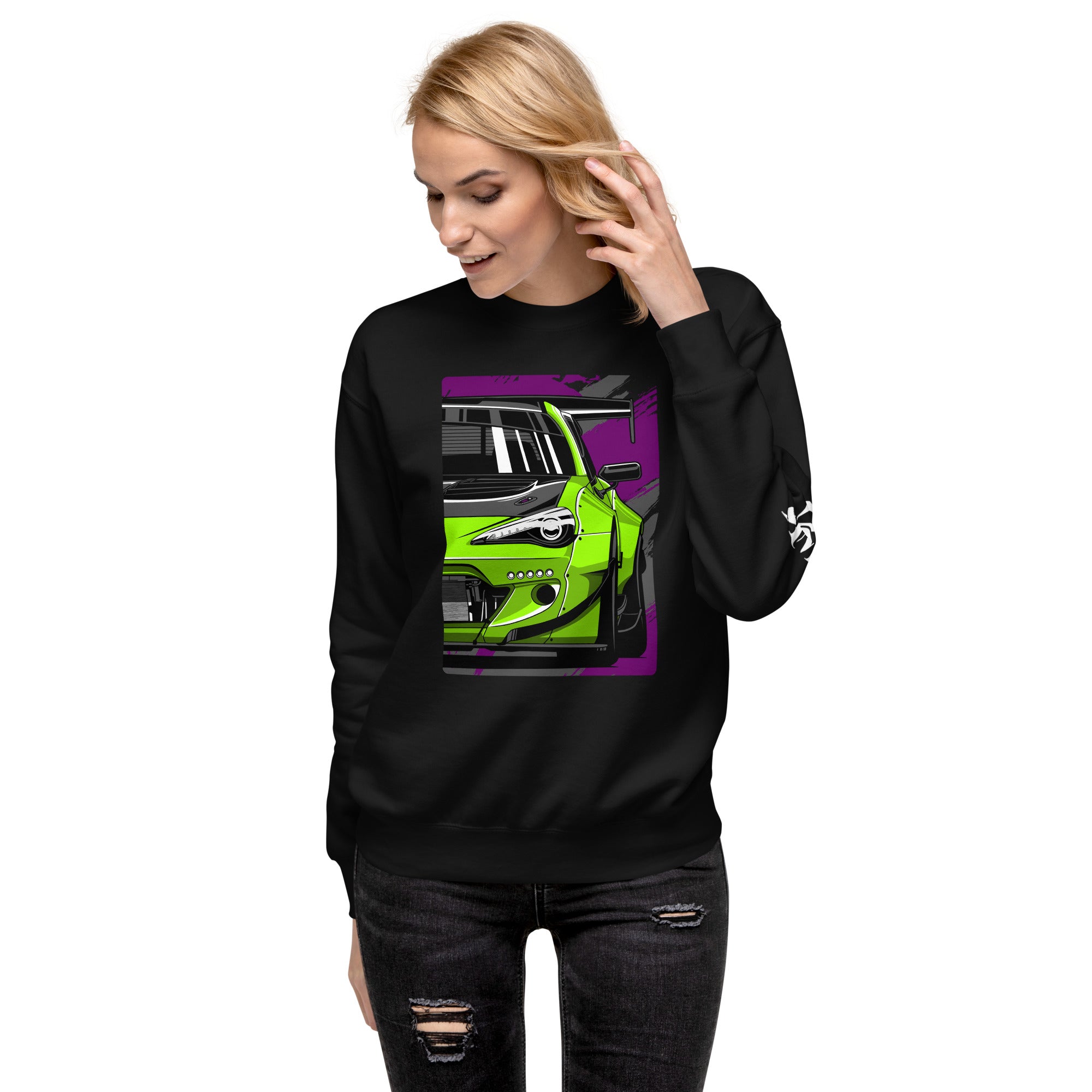 Subaru BRZ Graphic Sweatshirt | AMPD featuring a vibrant green car design on a black sweatshirt