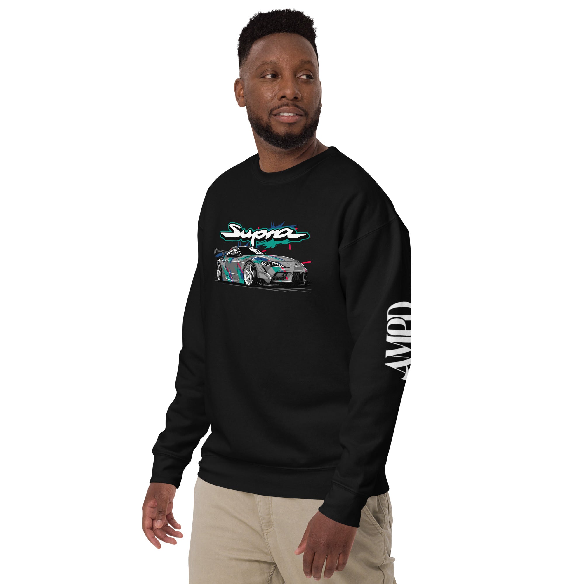 Toyota GR Supra A90 Graphic Sweatshirt | AMPD in black featuring a colorful Supra design