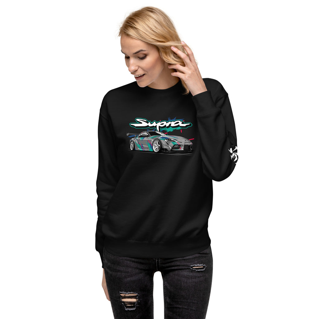 Toyota GR Supra A90 Graphic Sweatshirt | AMPD featuring a stylish car design on a black background