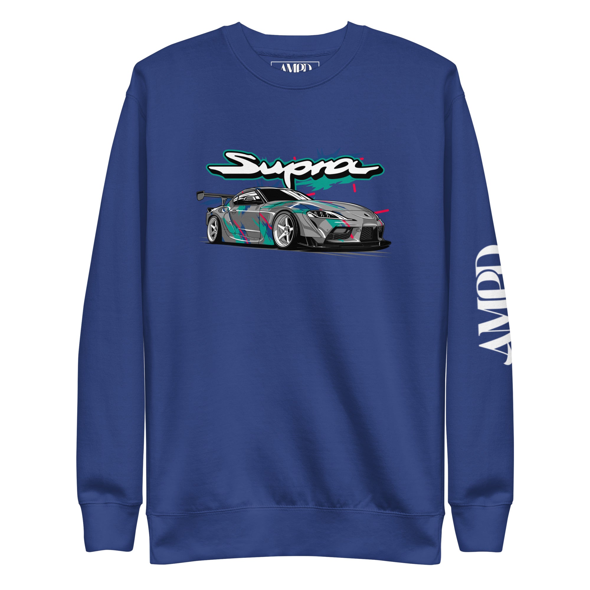 Toyota GR Supra A90 Graphic Sweatshirt | AMPD featuring vibrant car design on a blue background