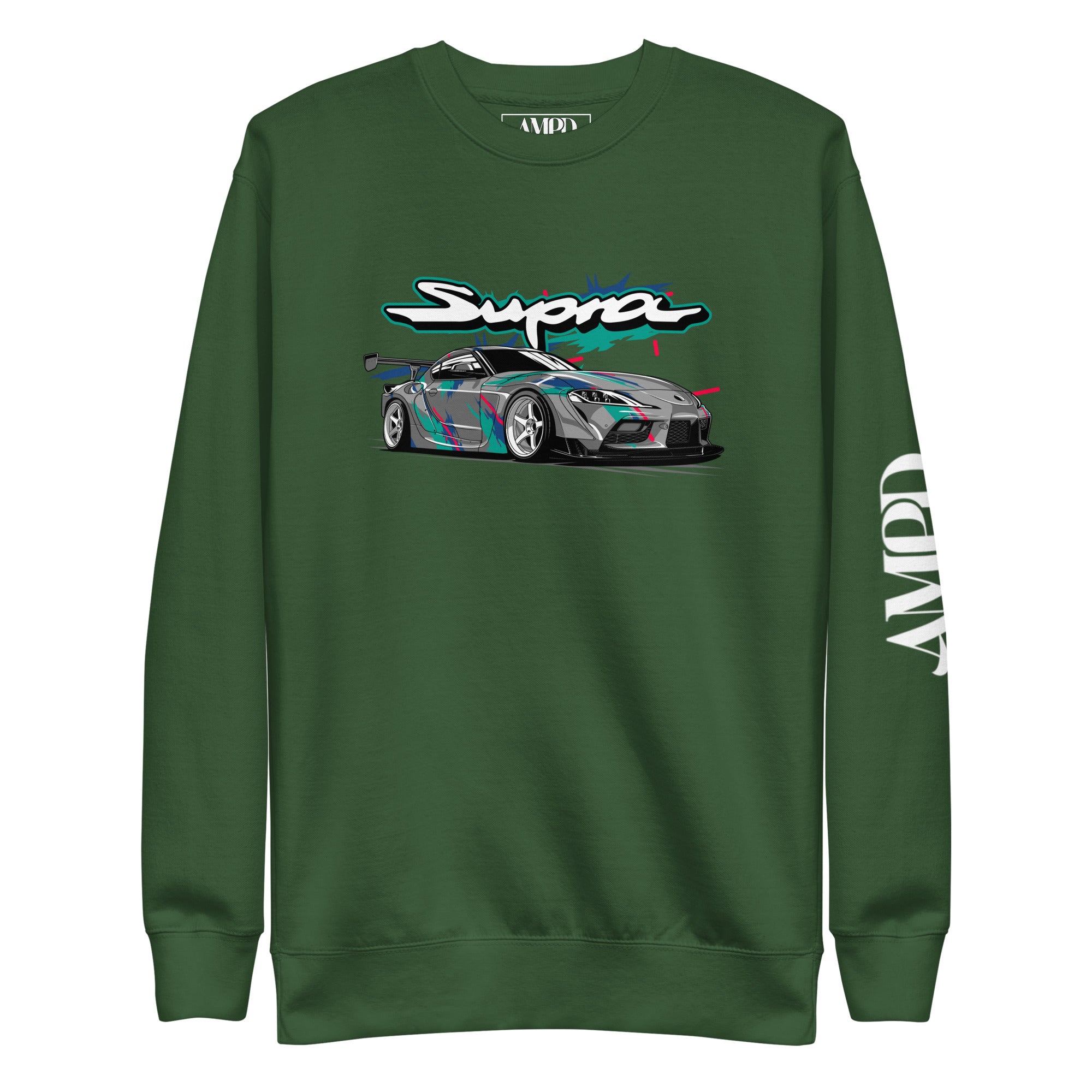 Toyota GR Supra A90 Graphic Sweatshirt | AMPD in green with vibrant car design on front
