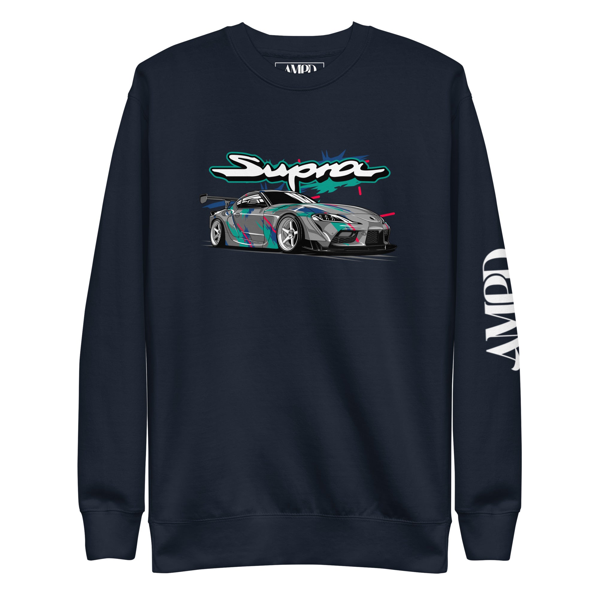 Toyota GR Supra A90 Graphic Sweatshirt | AMPD featuring vibrant car design and stylish script on sleeves
