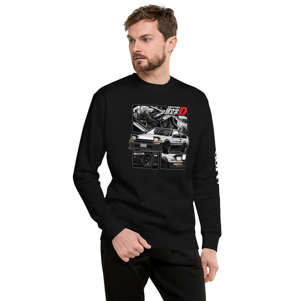 Toyota Trueno AE86 Initial D Project D Sweatshirt | AMPD featuring an iconic car design on a black background
