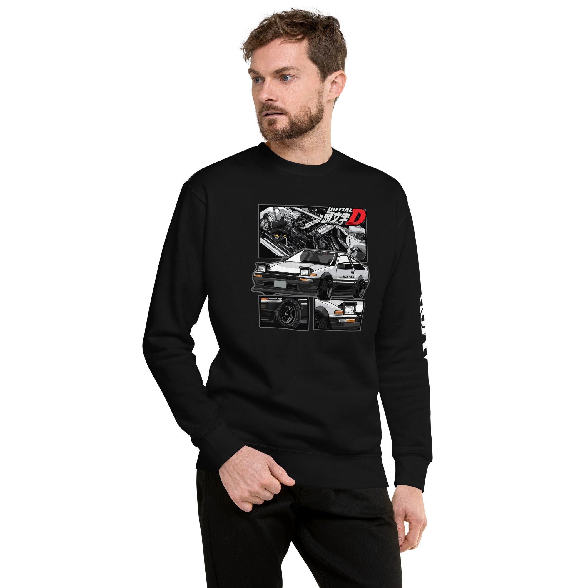 Toyota Trueno AE86 Initial D Project D Sweatshirt | AMPD featuring an iconic car design on a black background