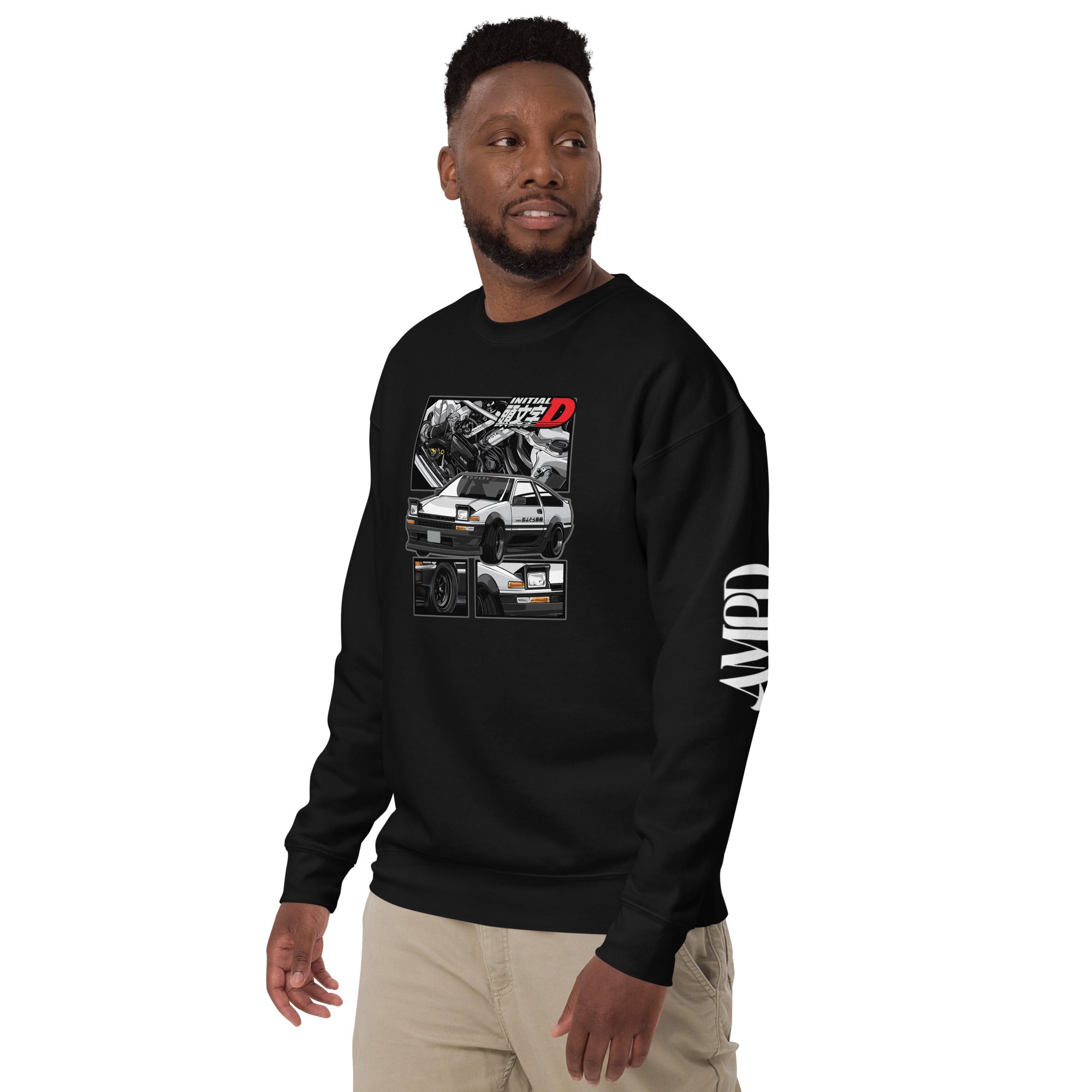 Toyota Trueno AE86 Initial D Project D Sweatshirt | AMPD featuring bold graphic print on a black background