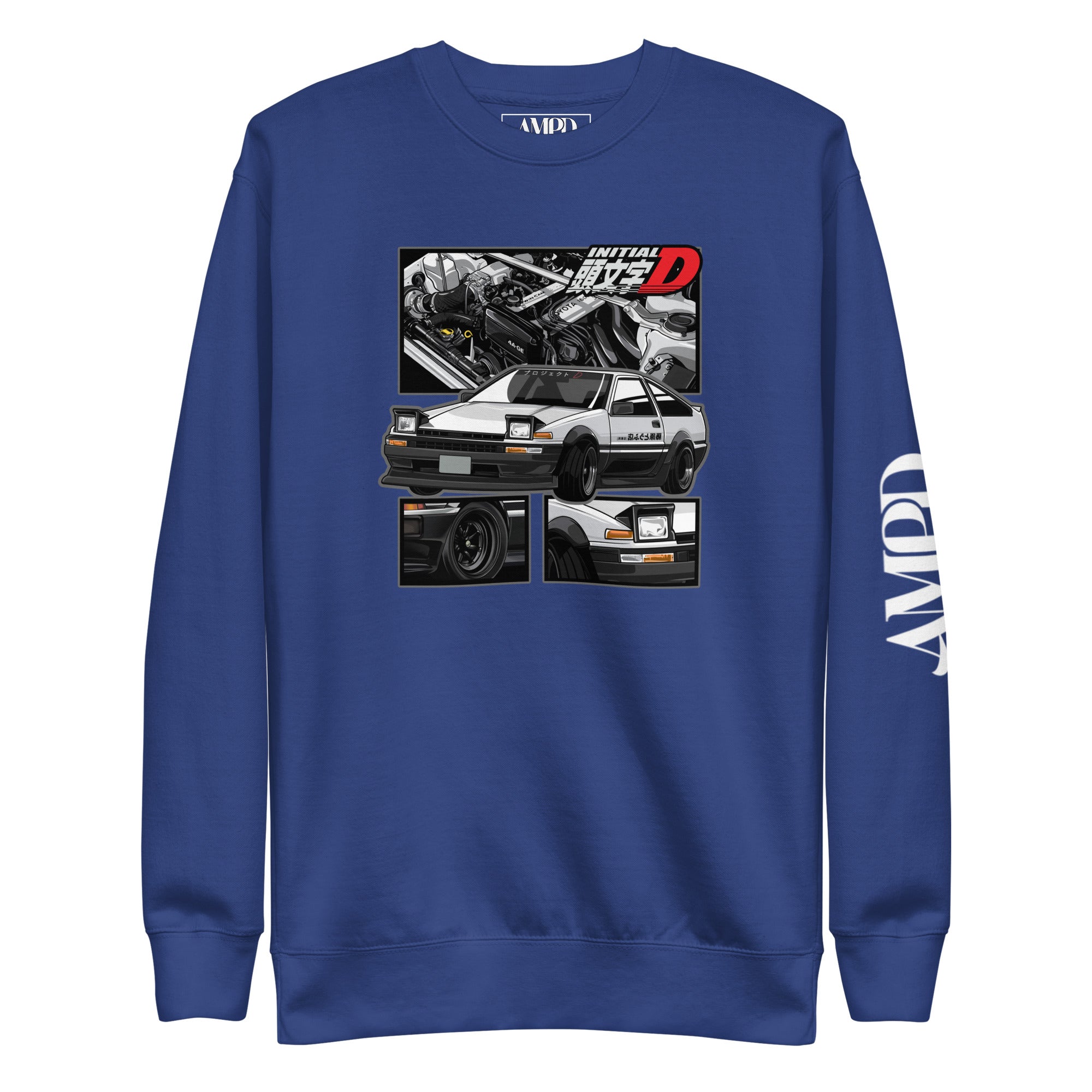 Toyota Trueno AE86 Initial D Project D Sweatshirt | AMPD featuring graphic designs of the iconic car