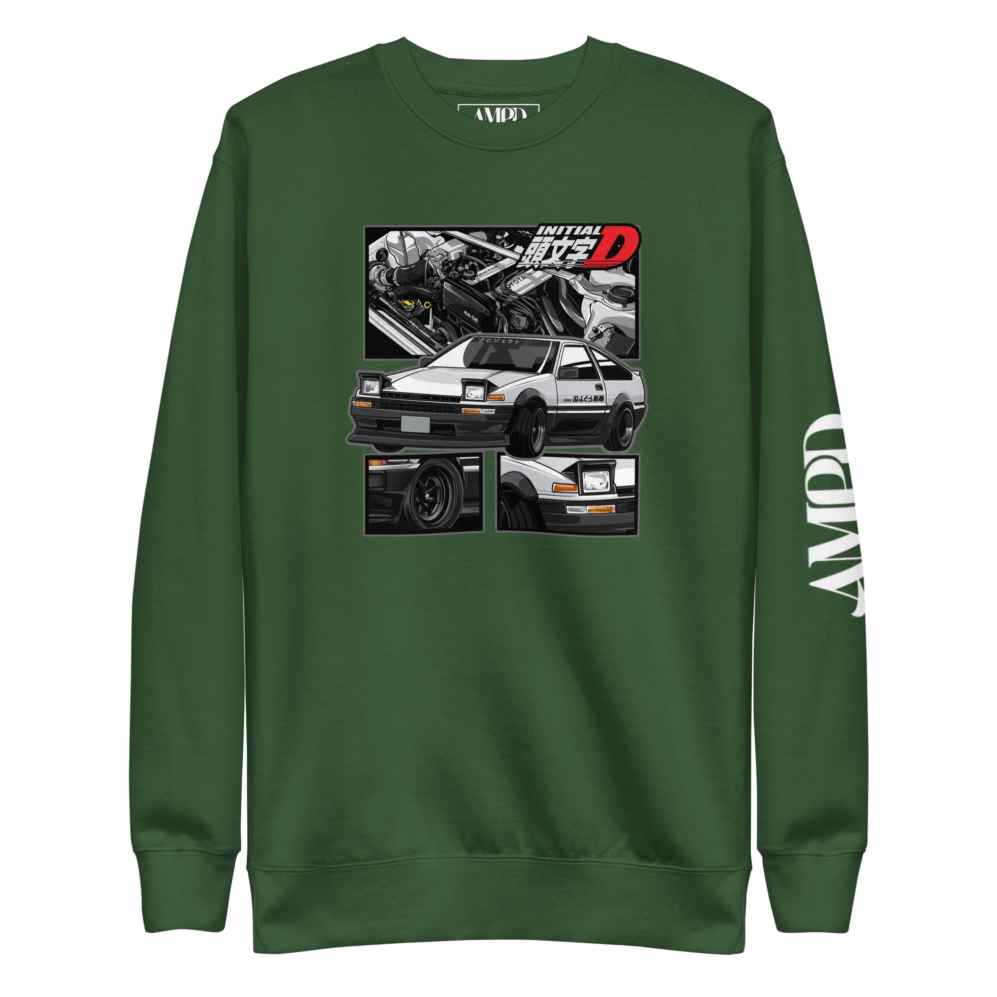 Toyota Trueno AE86 Initial D Project D Sweatshirt | AMPD featuring iconic car graphics on a green background