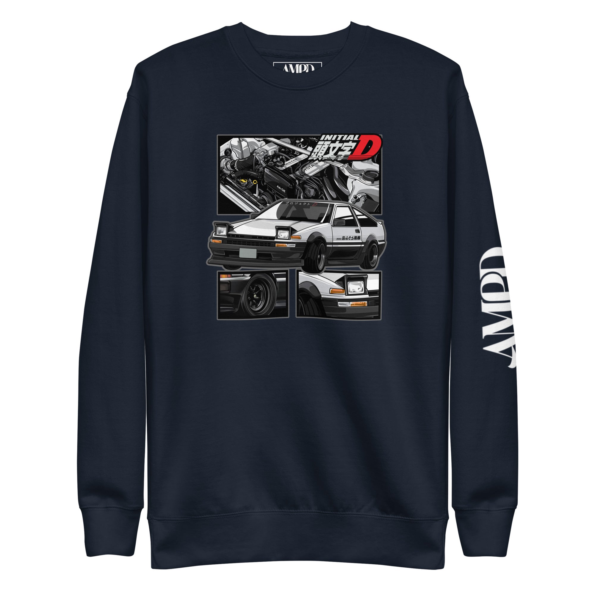 Toyota Trueno AE86 Initial D Project D Sweatshirt | AMPD featuring cool car graphics on a navy background