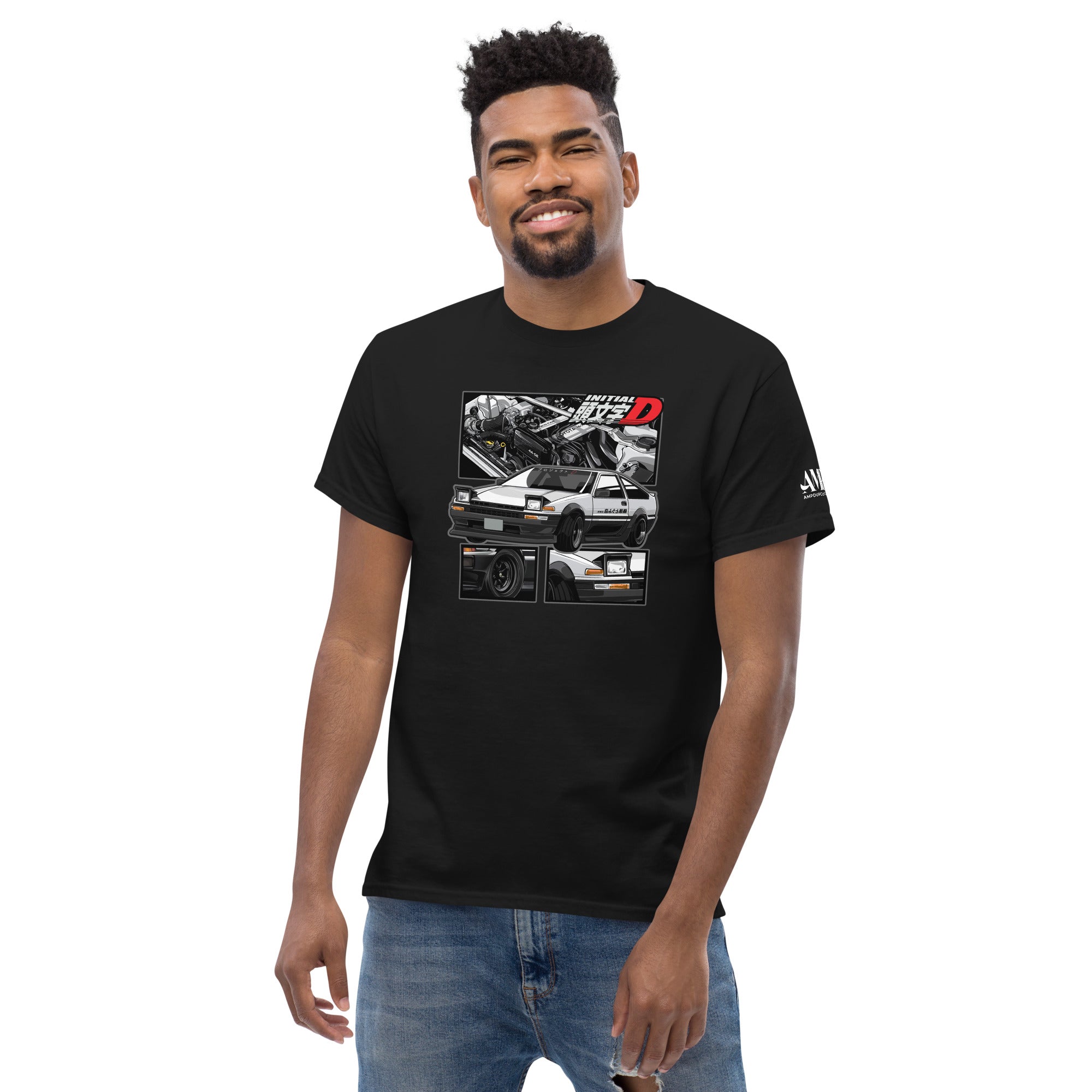 Toyota Trueno AE86 Initial D Project D T-Shirt | AMPD featuring a classic car graphic on a black shirt