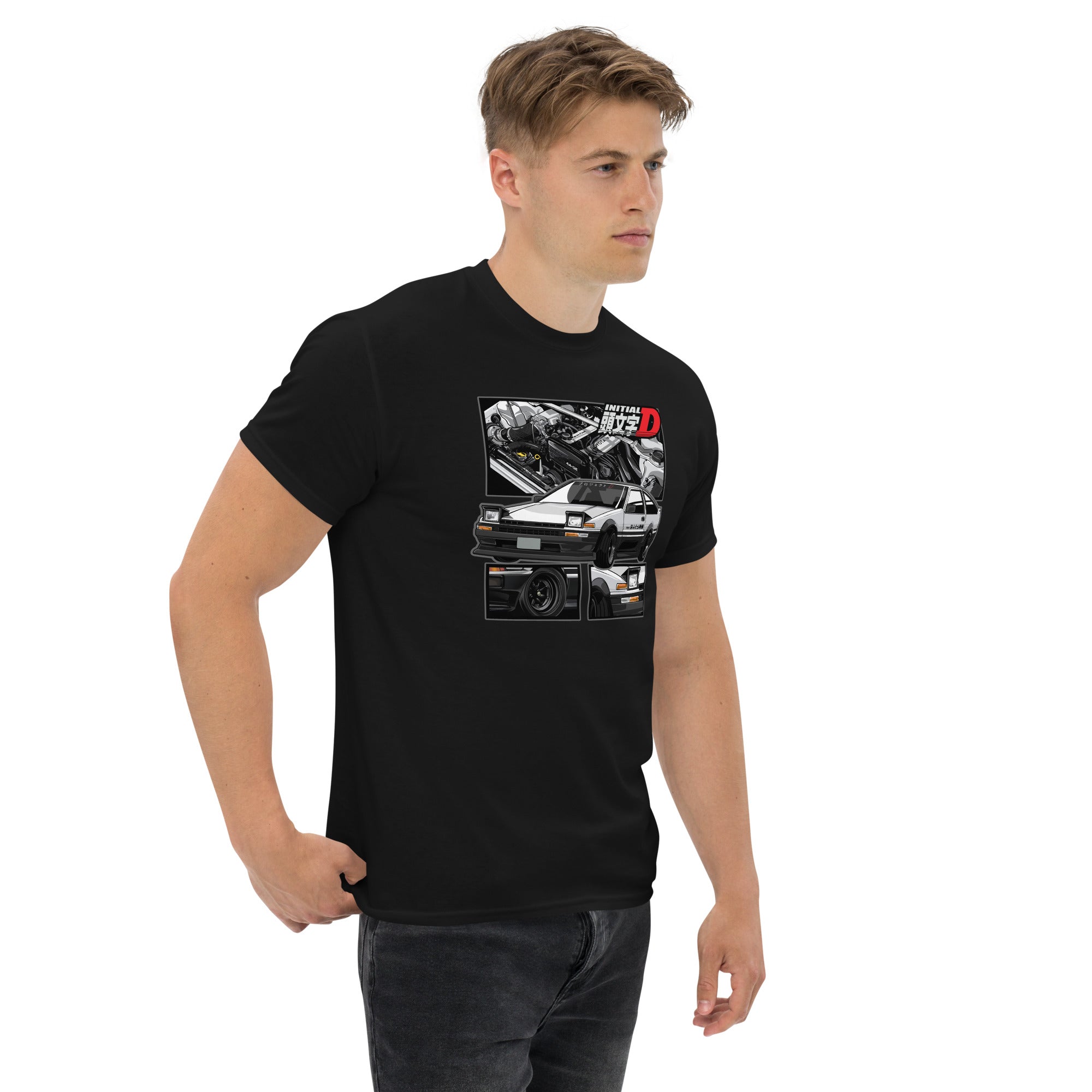 Toyota Trueno AE86 Initial D Project D T-Shirt by Amp'd Up Custom featuring a car graphic