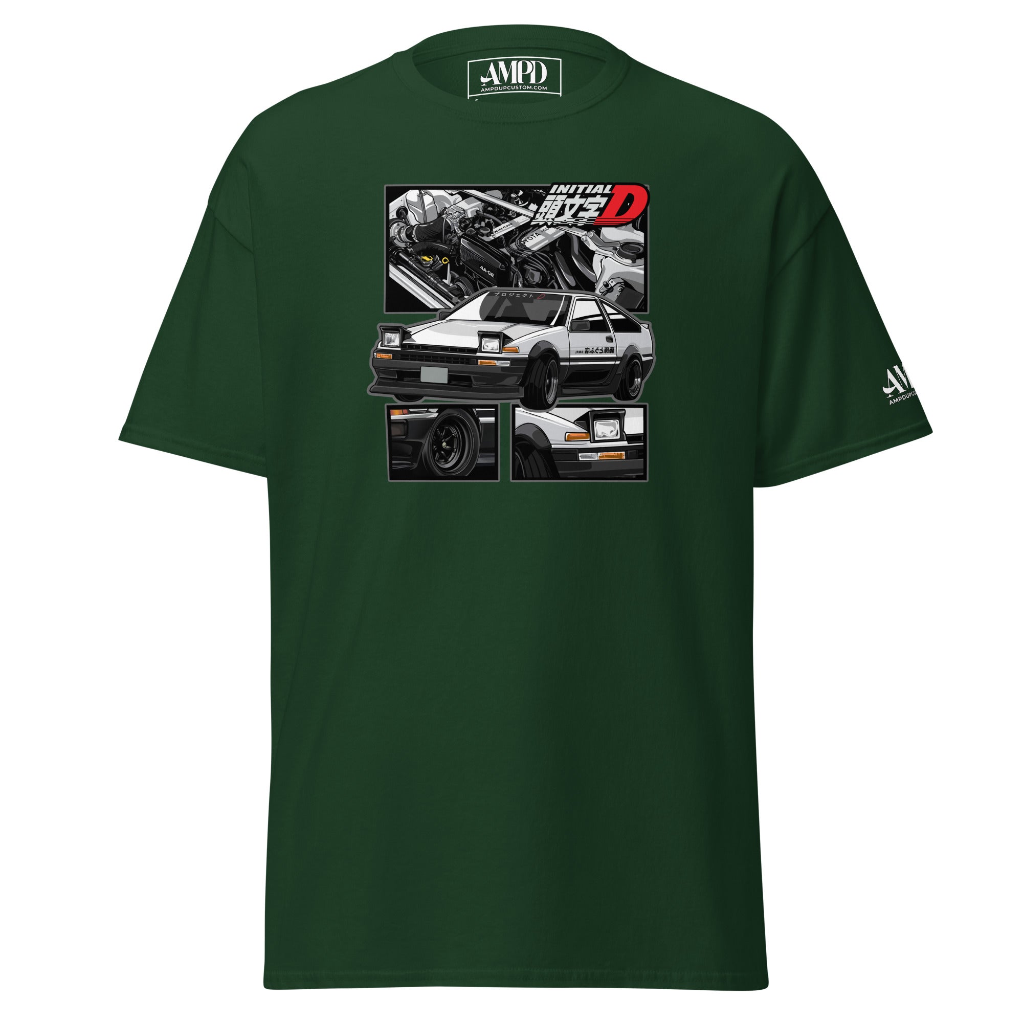 Toyota Trueno AE86 Initial D Project D T-Shirt | AMPD with graphic print featuring the iconic car