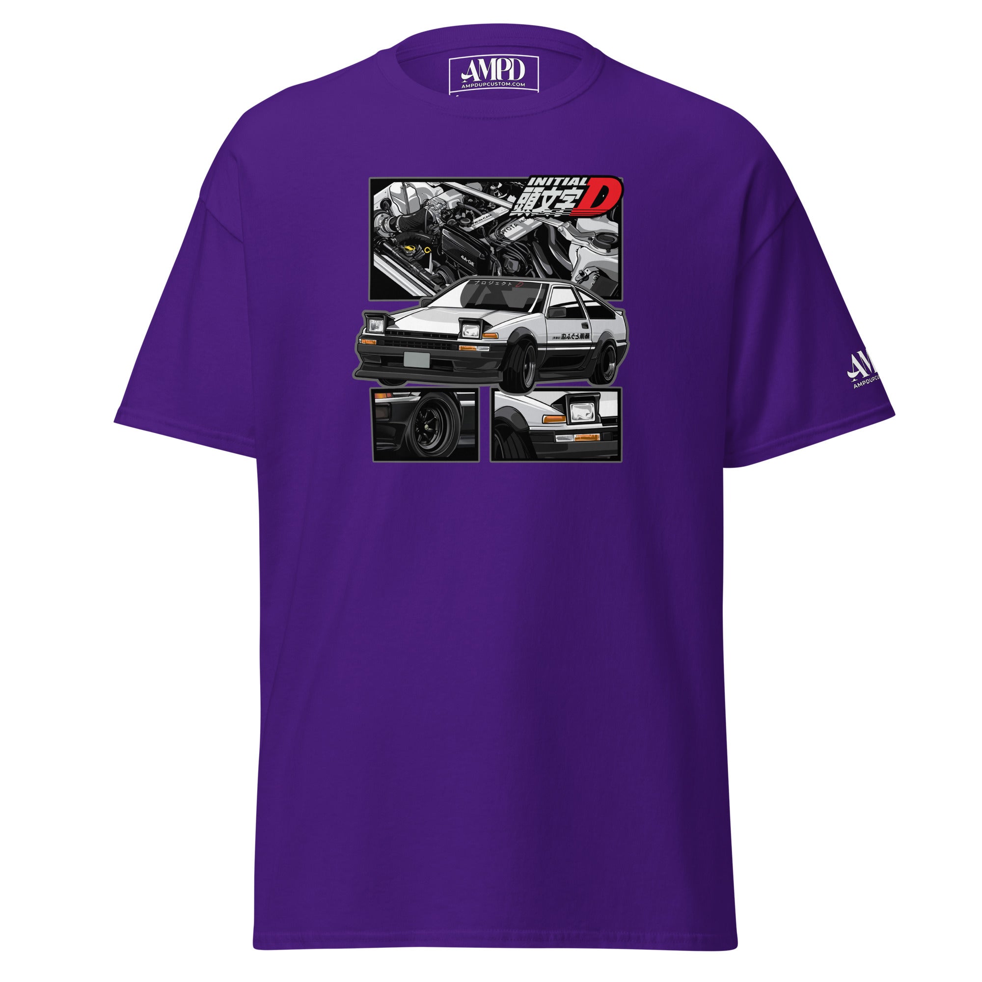 Toyota Trueno AE86 Initial D Project D T-Shirt | AMPD in purple featuring stylish graphic design