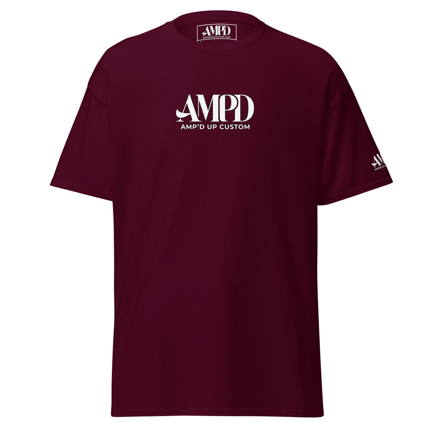Amp'd Up 2026 logo T-Shirt in maroon with bold white printed branding