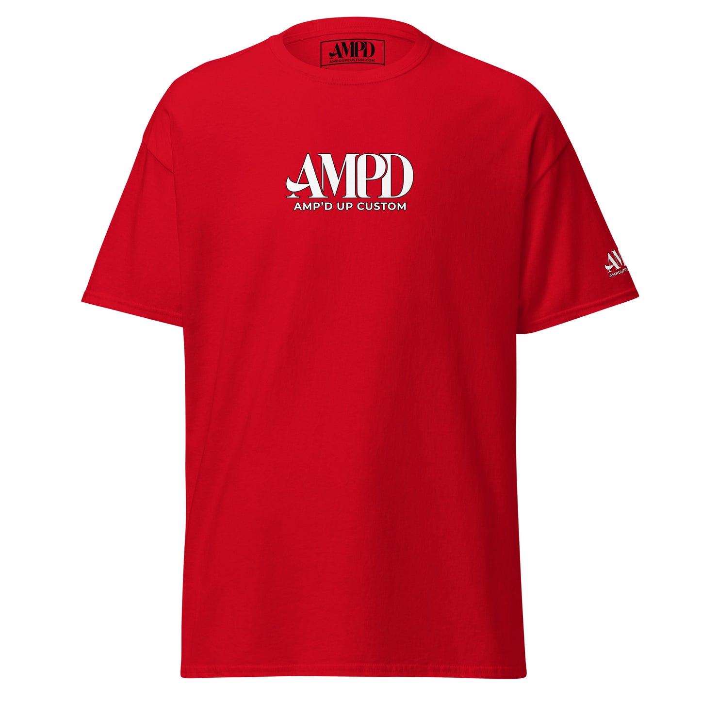 Amp'd Up 2026 logo T-Shirt in vibrant red featuring the Amp'd Up Custom brand design