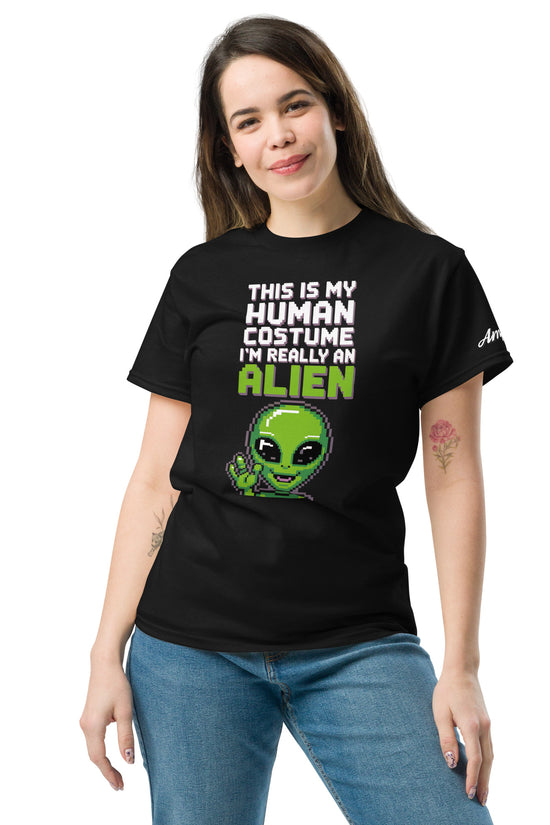 Amp'd Up Custom Alien T-Shirt with green alien graphic and humorous text on black tee