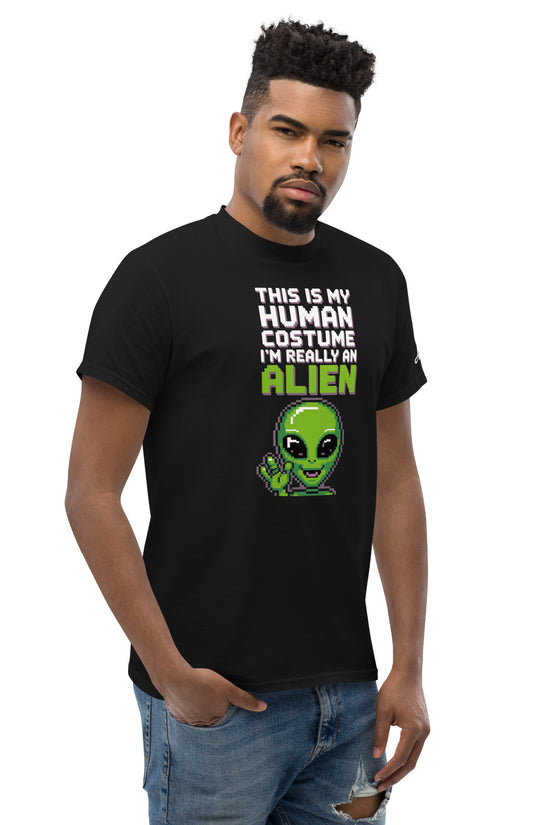 Black Alien T-Shirt from Amp'd Up Custom with green alien graphic and text saying This is my human costume