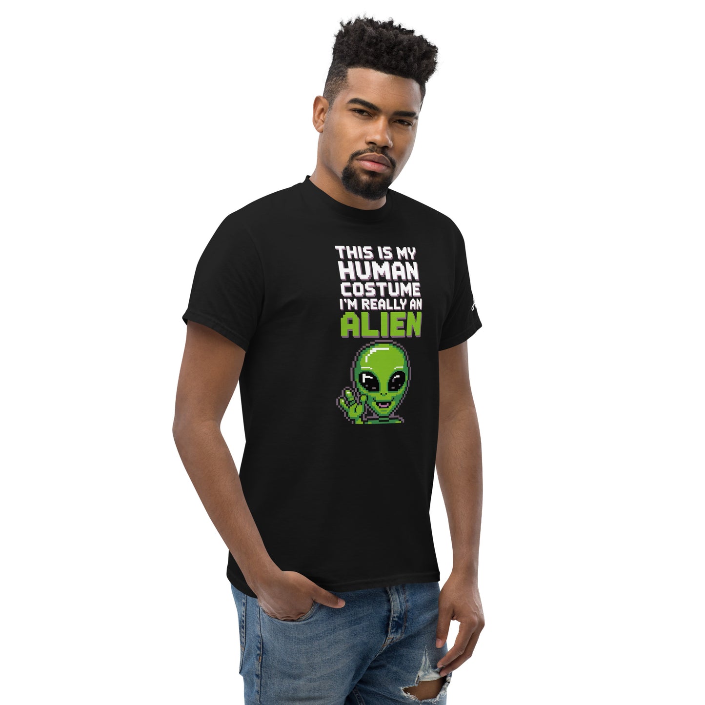 Black Alien T-Shirt from Amp'd Up Custom with green alien graphic and text saying This is my human costume