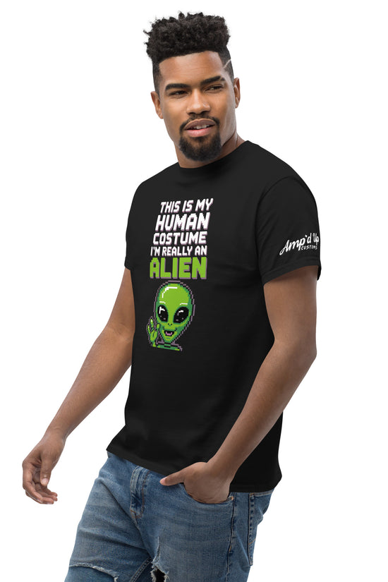 Amp'd Up Custom Alien T-Shirt black with humorous alien graphic and text worn by man