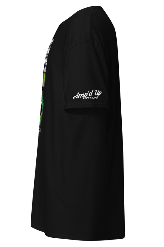 Black Alien T-Shirt by Amp'd Up Custom with logo on sleeve side view