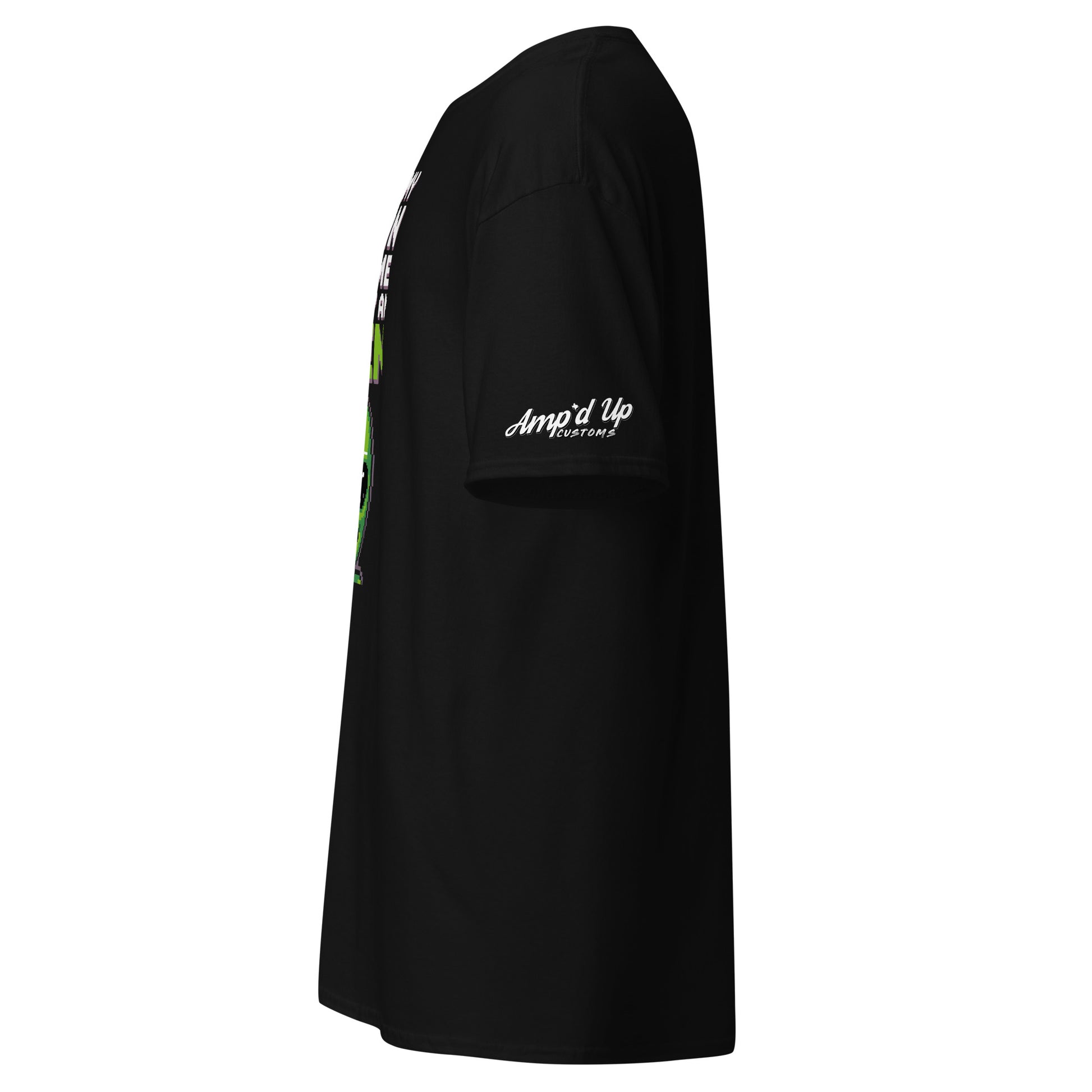 Black Alien T-Shirt by Amp'd Up Custom with logo on sleeve side view