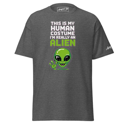 Dark gray Alien T-Shirt by Amp'd Up Custom with pixel art alien and text this is my human costume