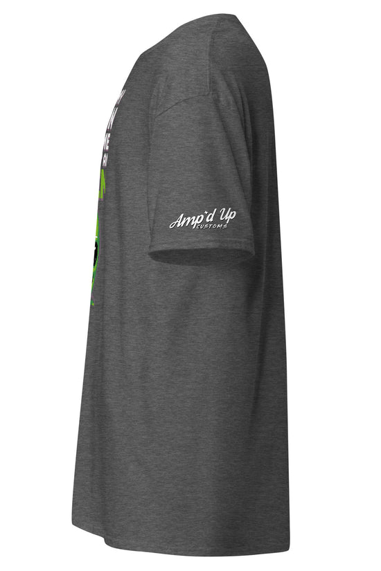 Dark gray Alien T-Shirt by Amp'd Up Custom showing side view with logo on sleeve