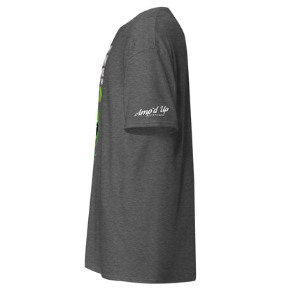 Dark gray Alien T-Shirt by Amp'd Up Custom showing side view with logo on sleeve
