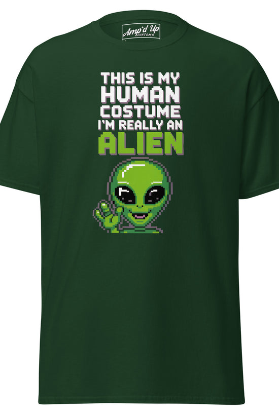 Amp'd Up Custom green Alien T-Shirt with pixel art alien and text this is my human costume