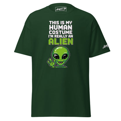 Amp'd Up Custom green Alien T-Shirt with pixel art alien and text this is my human costume