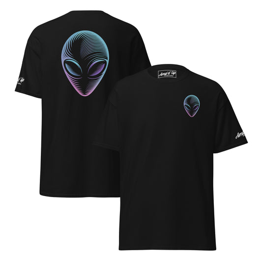 Amp'd Up Custom black T-shirt featuring Alien T-Shirt Graphic On Back and small alien head on front chest