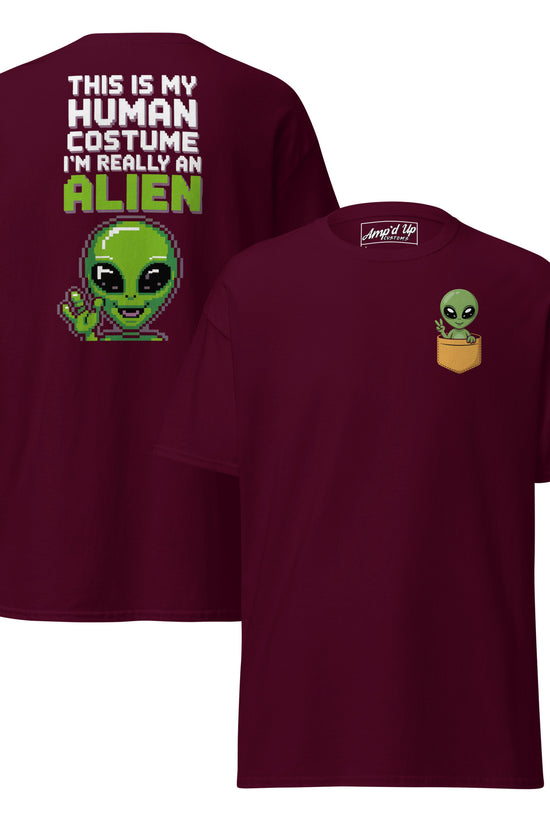 Amp'd Up Custom maroon t-shirt featuring Alien T-Shirt Graphic On Back with green alien and text design
